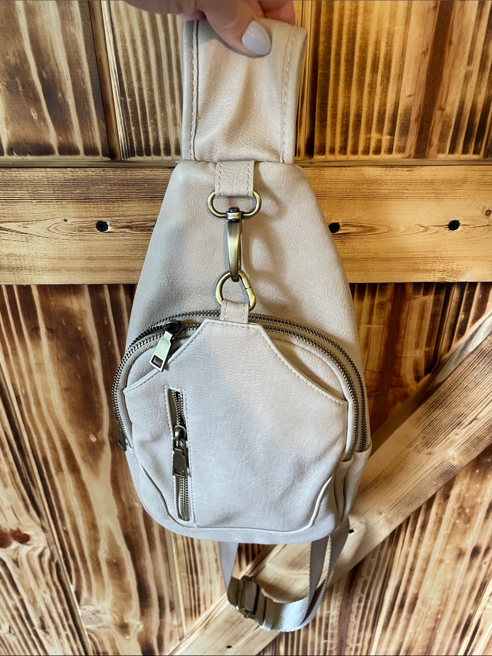 Neutral Beige Crossbody Sling Bag with Brushed Brass Hardware